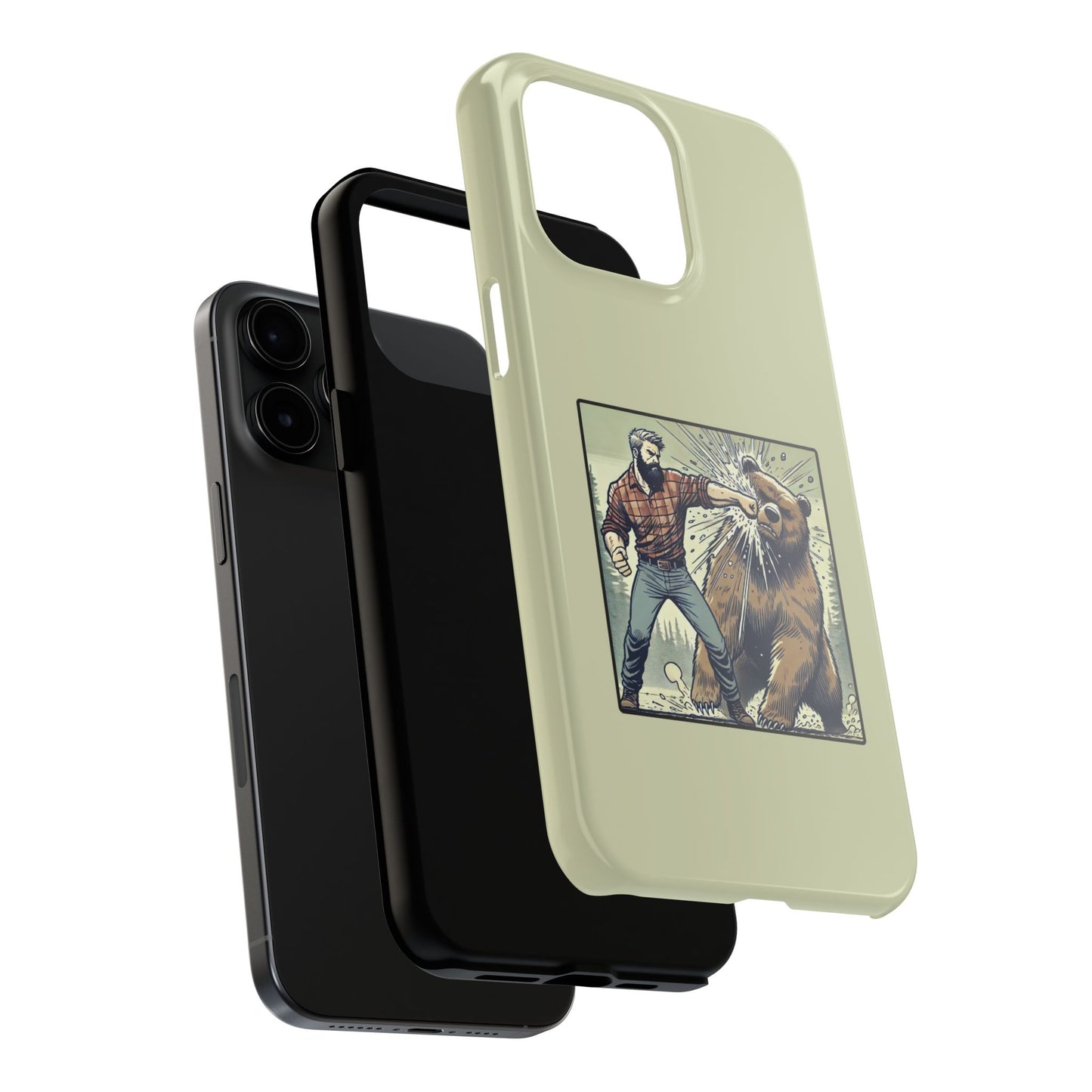 Funny Lumberjack Punching a Bear Phone Case, Wild Manly Gift, Meme Phone Cover, Absurd Graphic Art for Him, iPhone & Samsung Phone Case