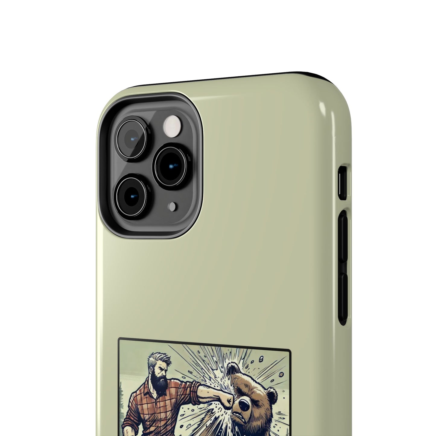Funny Lumberjack Punching a Bear Phone Case, Wild Manly Gift, Meme Phone Cover, Absurd Graphic Art for Him, iPhone & Samsung Phone Case