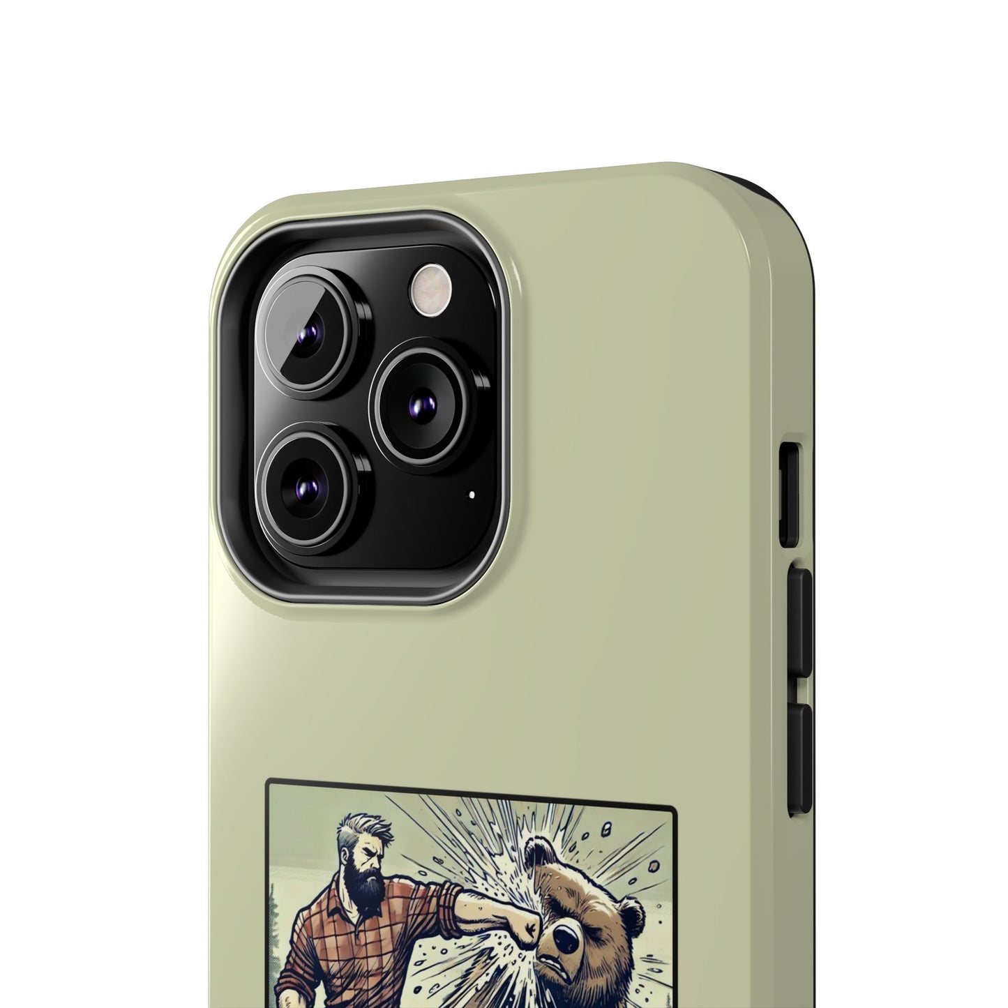 Funny Lumberjack Punching a Bear Phone Case, Wild Manly Gift, Meme Phone Cover, Absurd Graphic Art for Him, iPhone & Samsung Phone Case