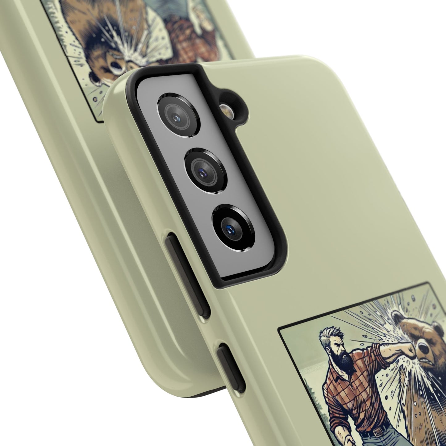 Funny Lumberjack Punching a Bear Phone Case, Wild Manly Gift, Meme Phone Cover, Absurd Graphic Art for Him, iPhone & Samsung Phone Case