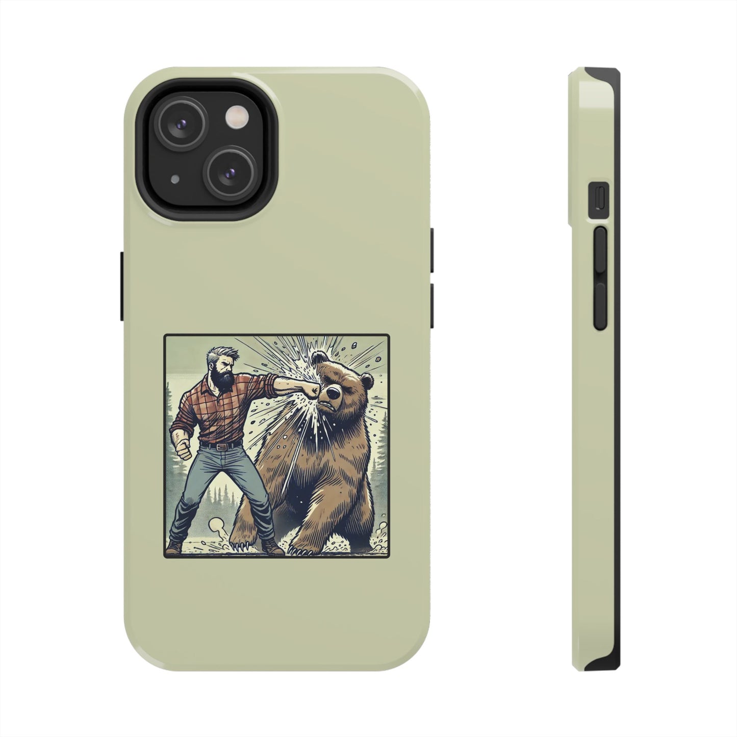 Funny Lumberjack Punching a Bear Phone Case, Wild Manly Gift, Meme Phone Cover, Absurd Graphic Art for Him, iPhone & Samsung Phone Case