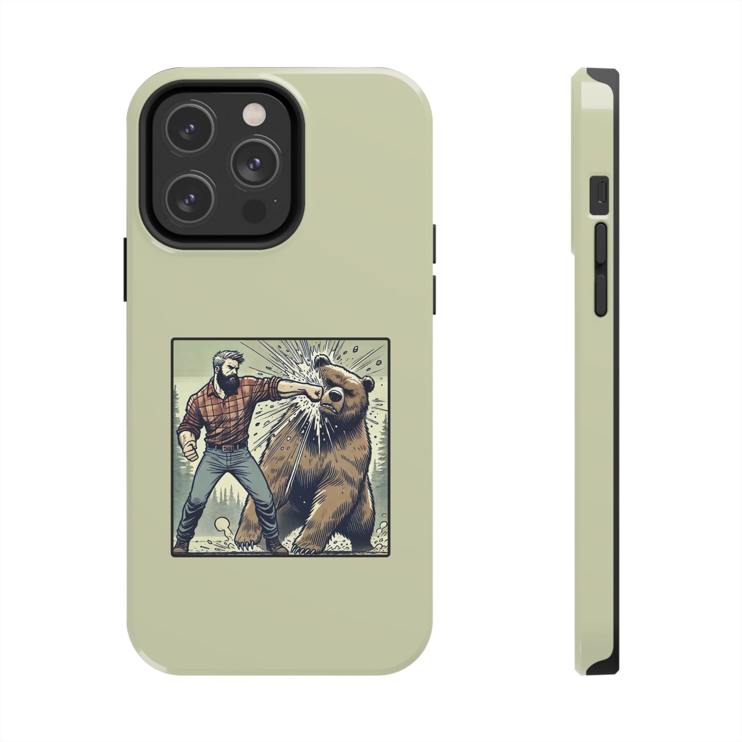 Funny Lumberjack Punching a Bear Phone Case, Wild Manly Gift, Meme Phone Cover, Absurd Graphic Art for Him, iPhone & Samsung Phone Case
