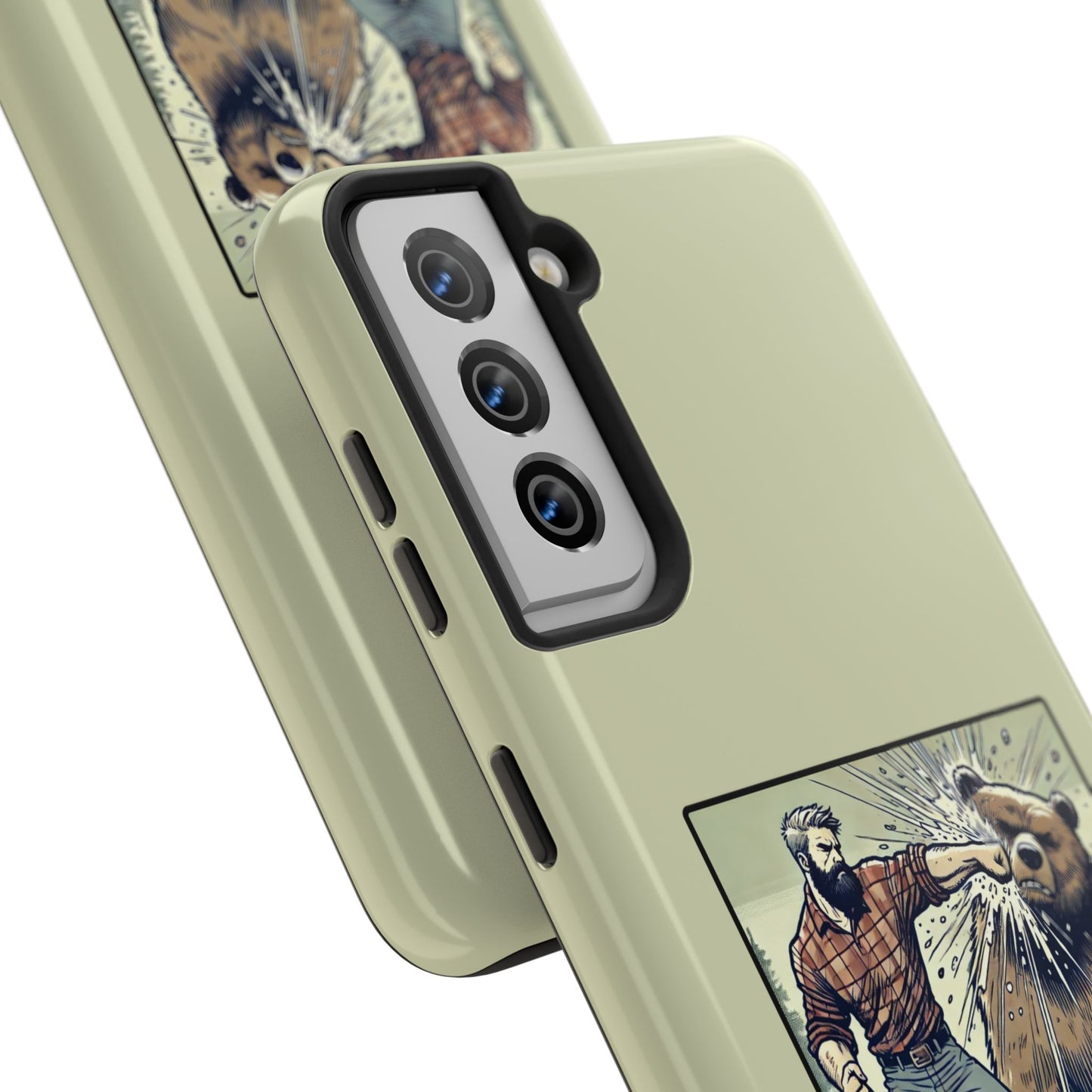 Funny Lumberjack Punching a Bear Phone Case, Wild Manly Gift, Meme Phone Cover, Absurd Graphic Art for Him, iPhone & Samsung Phone Case