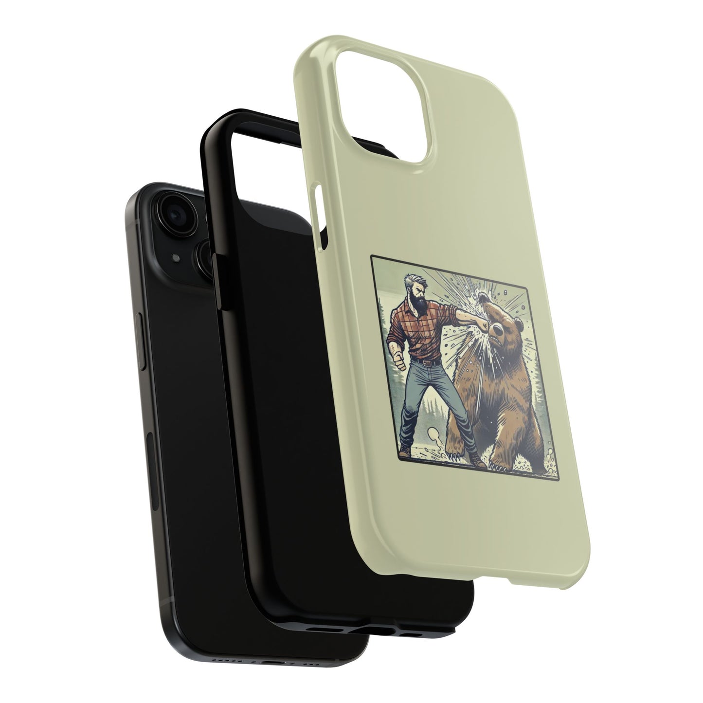Funny Lumberjack Punching a Bear Phone Case, Wild Manly Gift, Meme Phone Cover, Absurd Graphic Art for Him, iPhone & Samsung Phone Case
