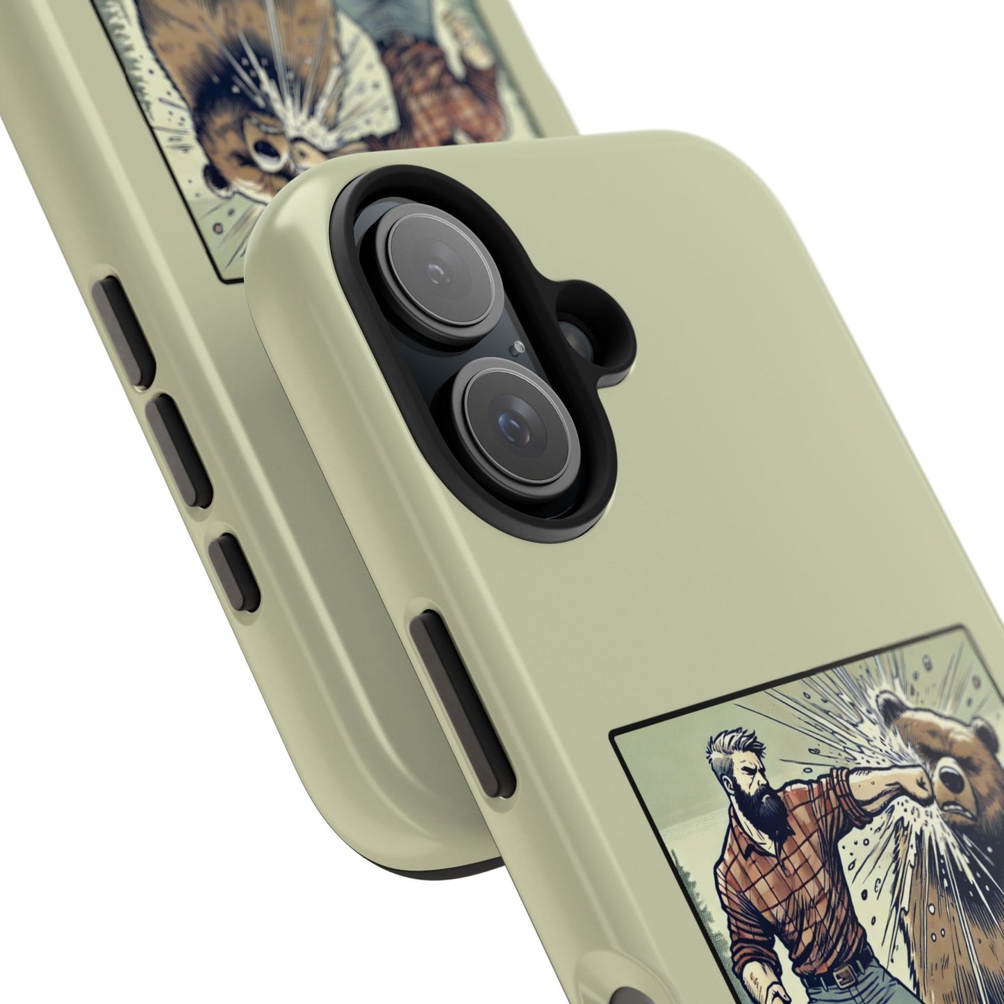 Funny Lumberjack Punching a Bear Phone Case, Wild Manly Gift, Meme Phone Cover, Absurd Graphic Art for Him, iPhone & Samsung Phone Case