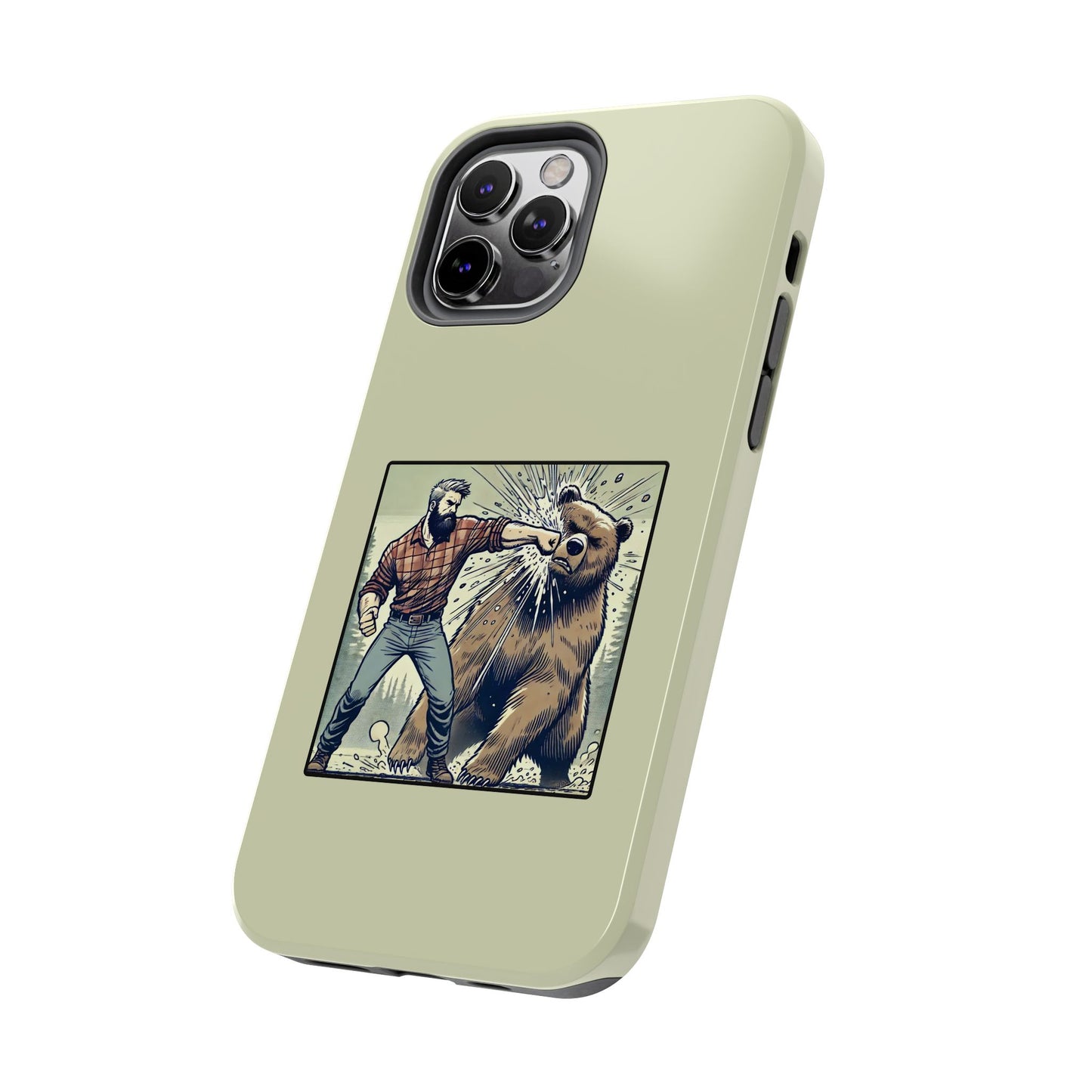 Funny Lumberjack Punching a Bear Phone Case, Wild Manly Gift, Meme Phone Cover, Absurd Graphic Art for Him, iPhone & Samsung Phone Case