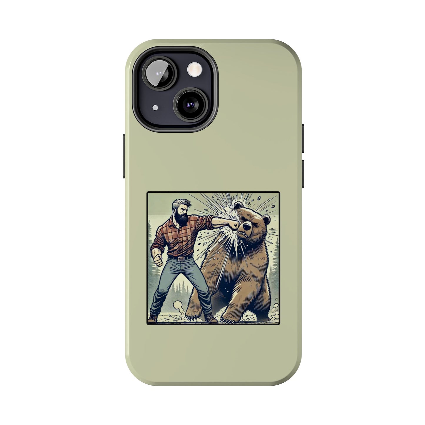 Funny Lumberjack Punching a Bear Phone Case, Wild Manly Gift, Meme Phone Cover, Absurd Graphic Art for Him, iPhone & Samsung Phone Case