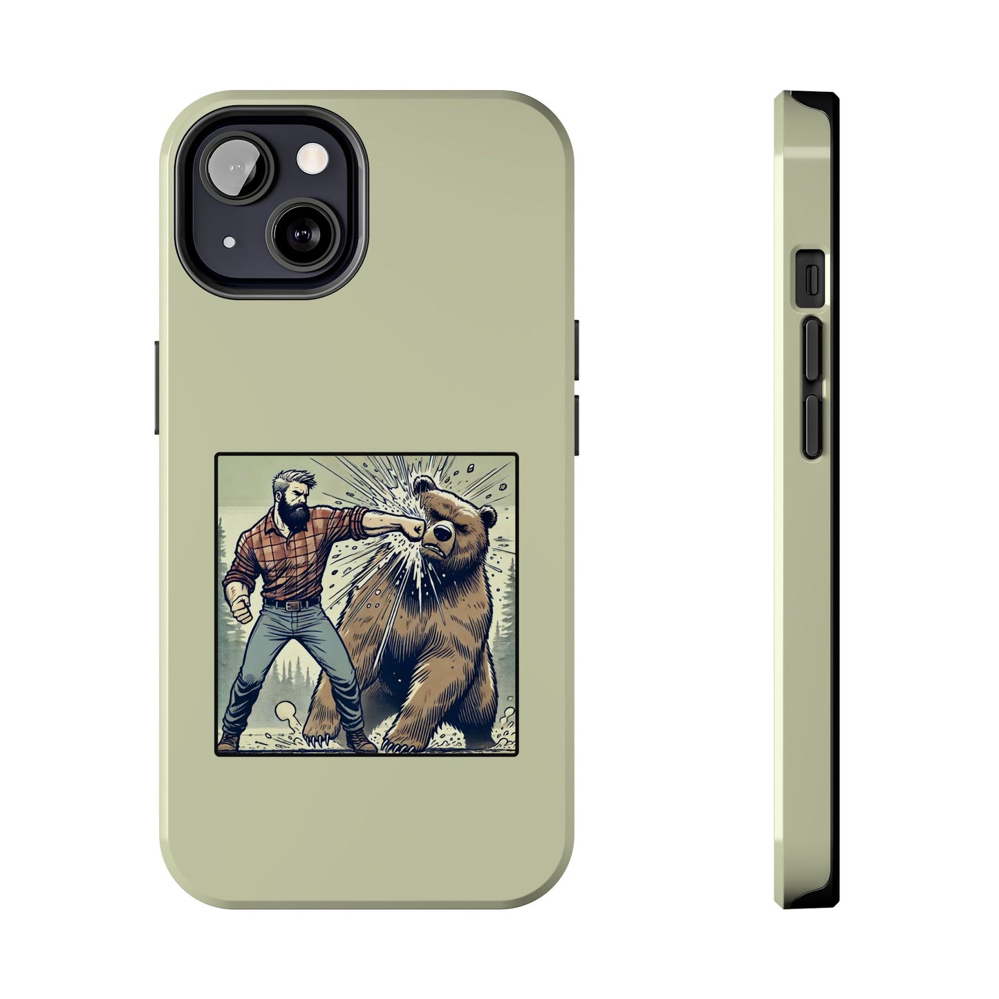 Funny Lumberjack Punching a Bear Phone Case, Wild Manly Gift, Meme Phone Cover, Absurd Graphic Art for Him, iPhone & Samsung Phone Case
