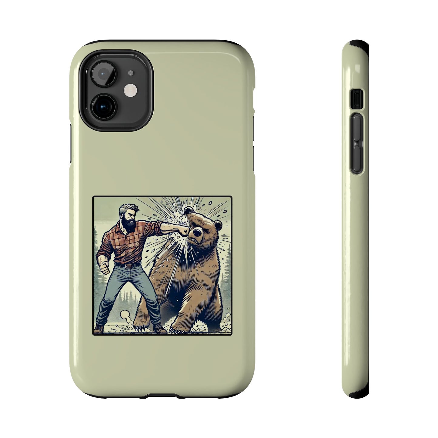 Funny Lumberjack Punching a Bear Phone Case, Wild Manly Gift, Meme Phone Cover, Absurd Graphic Art for Him, iPhone & Samsung Phone Case