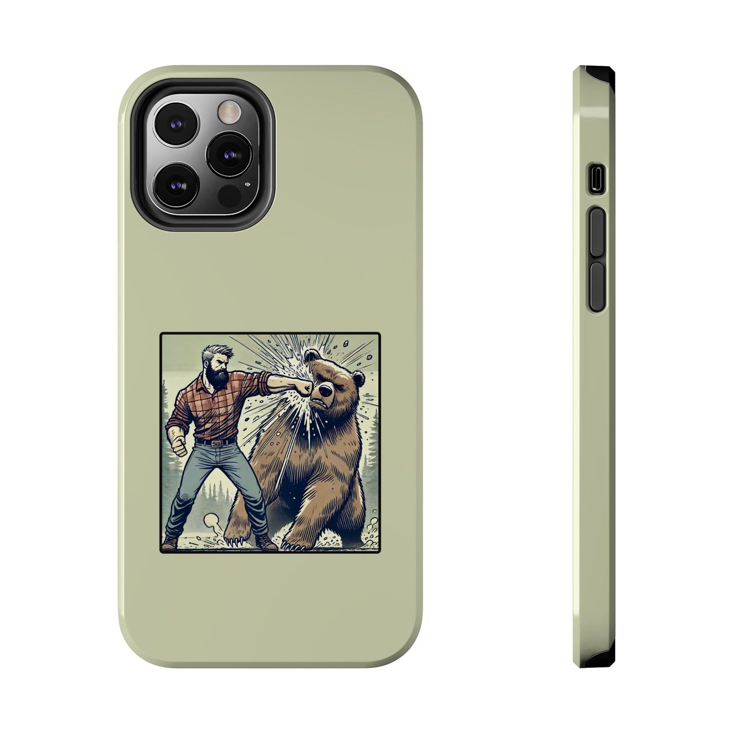 Funny Lumberjack Punching a Bear Phone Case, Wild Manly Gift, Meme Phone Cover, Absurd Graphic Art for Him, iPhone & Samsung Phone Case