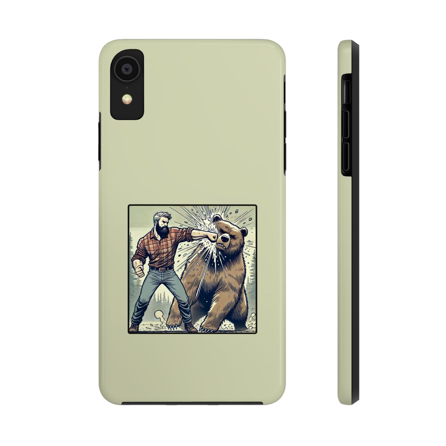 Funny Lumberjack Punching a Bear Phone Case, Wild Manly Gift, Meme Phone Cover, Absurd Graphic Art for Him, iPhone & Samsung Phone Case