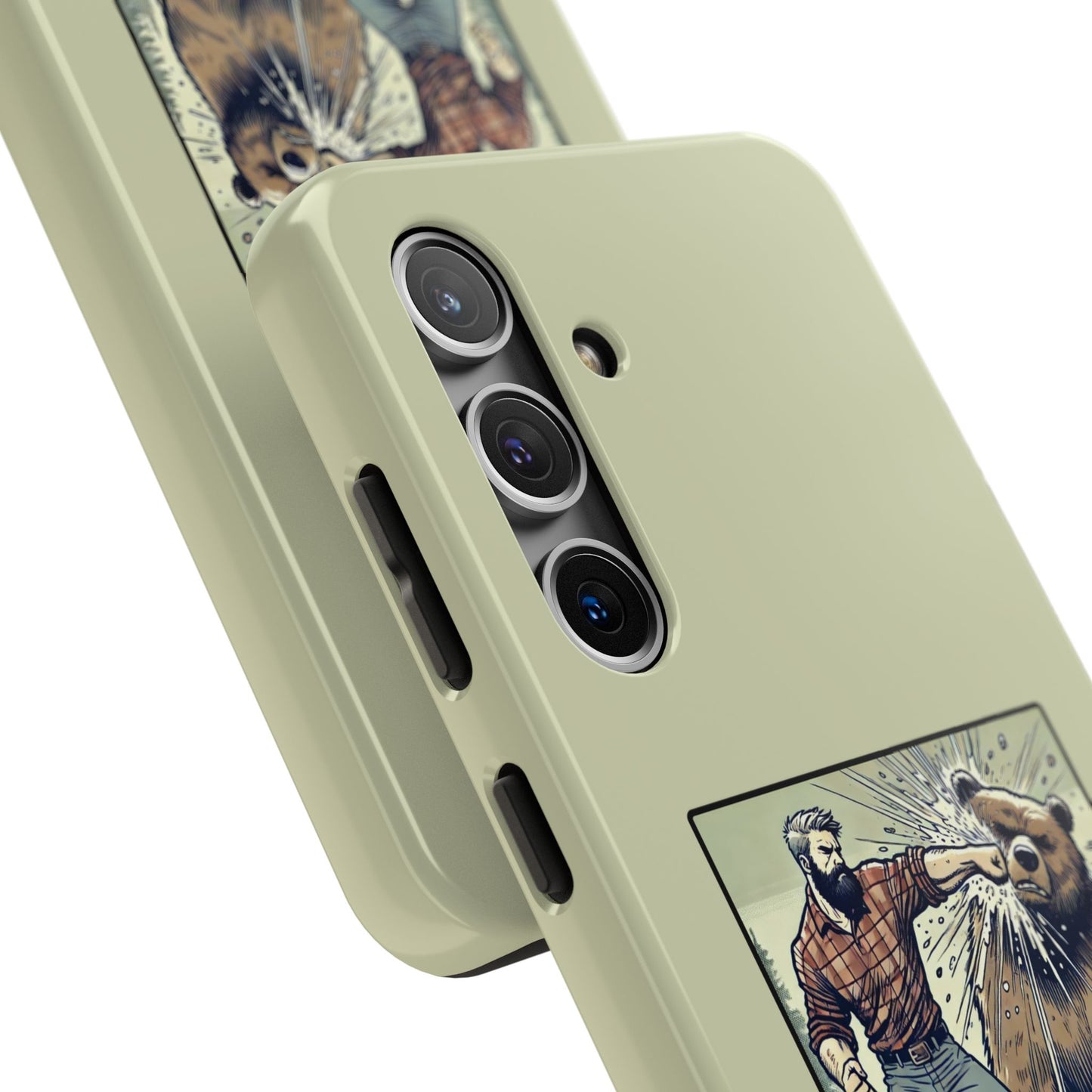 Funny Lumberjack Punching a Bear Phone Case, Wild Manly Gift, Meme Phone Cover, Absurd Graphic Art for Him, iPhone & Samsung Phone Case