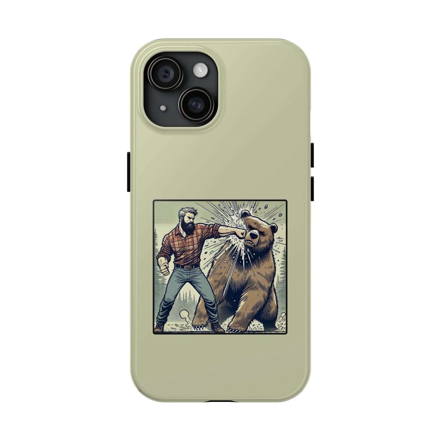 Funny Lumberjack Punching a Bear Phone Case, Wild Manly Gift, Meme Phone Cover, Absurd Graphic Art for Him, iPhone & Samsung Phone Case