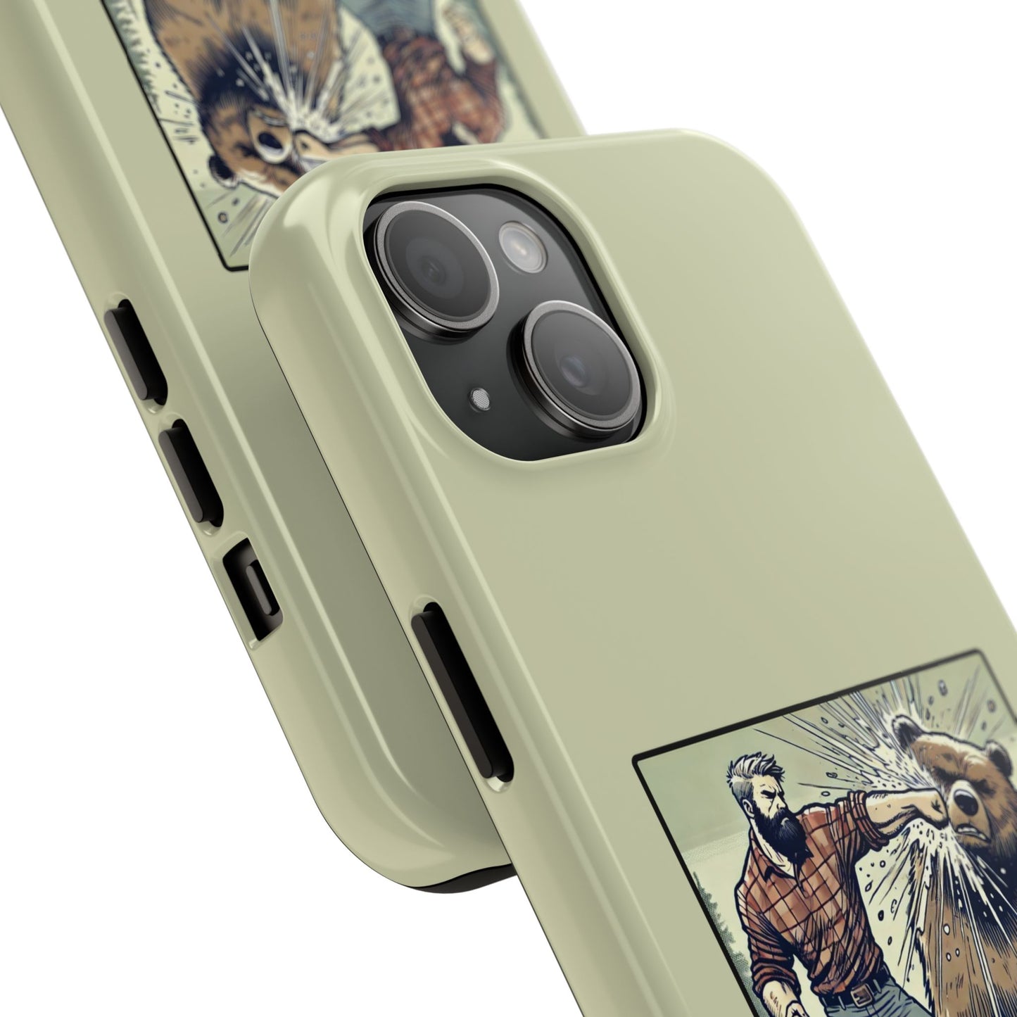 Funny Lumberjack Punching a Bear Phone Case, Wild Manly Gift, Meme Phone Cover, Absurd Graphic Art for Him, iPhone & Samsung Phone Case