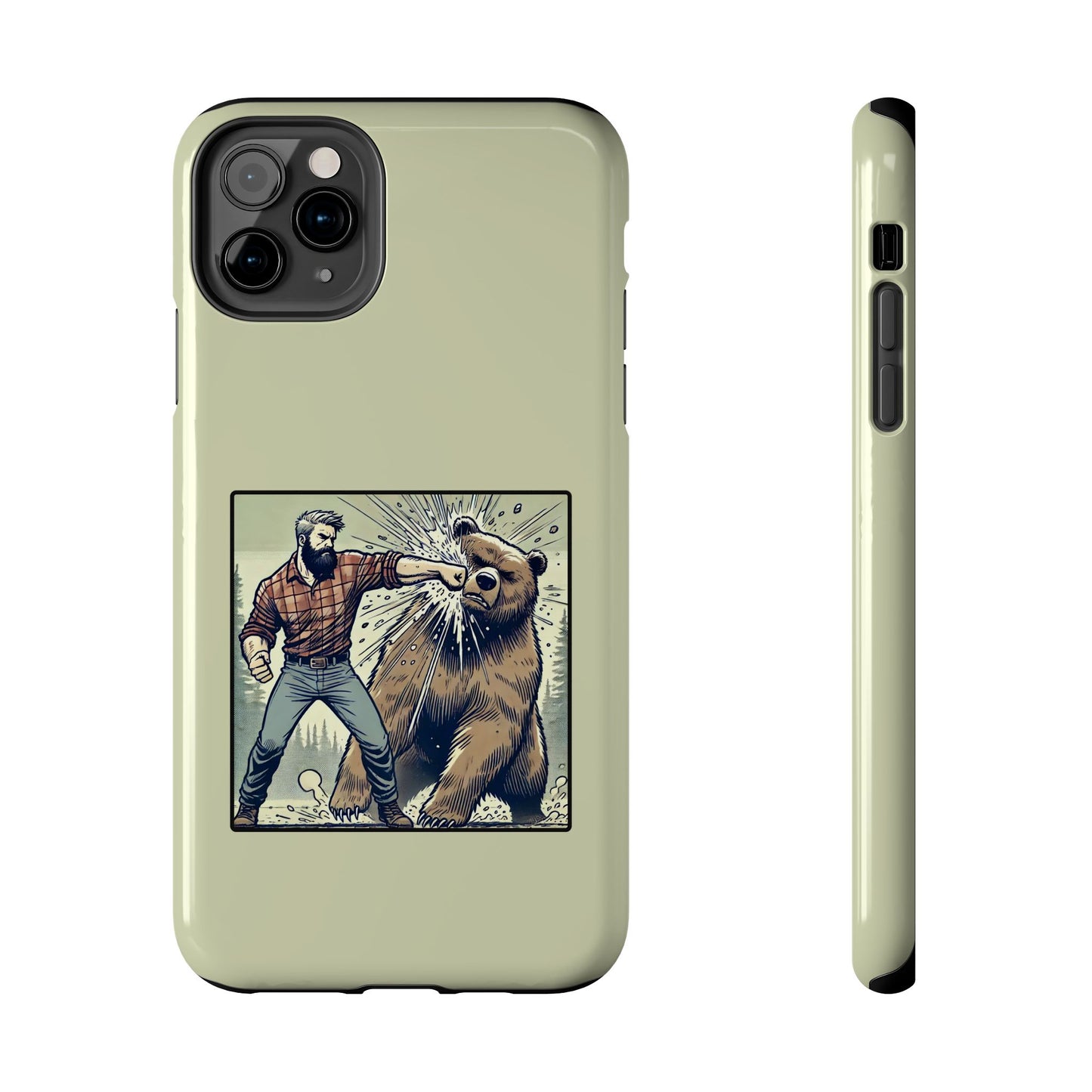 Funny Lumberjack Punching a Bear Phone Case, Wild Manly Gift, Meme Phone Cover, Absurd Graphic Art for Him, iPhone & Samsung Phone Case