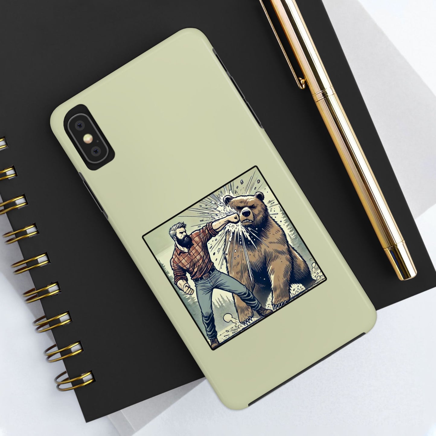 Funny Lumberjack Punching a Bear Phone Case, Wild Manly Gift, Meme Phone Cover, Absurd Graphic Art for Him, iPhone & Samsung Phone Case