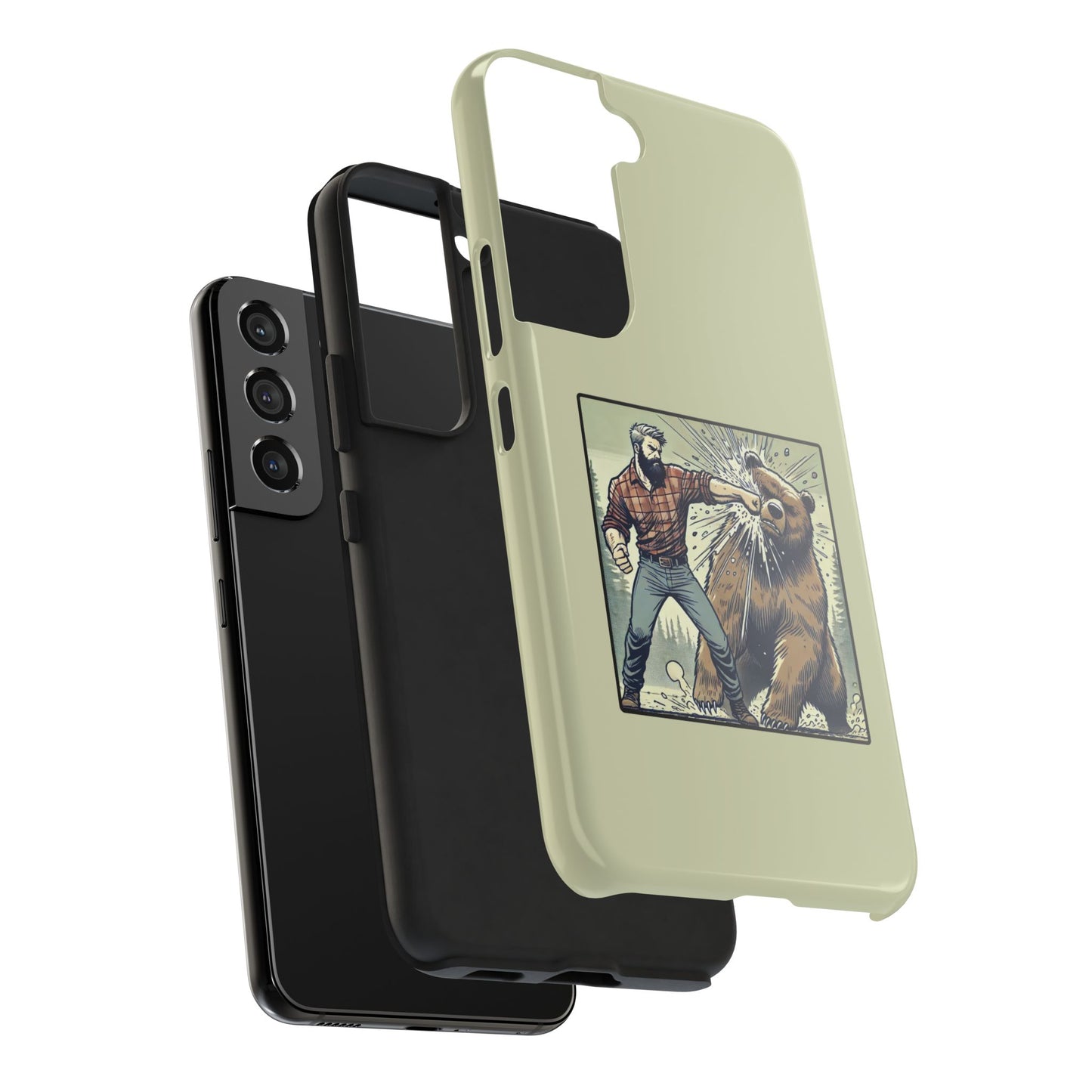 Funny Lumberjack Punching a Bear Phone Case, Wild Manly Gift, Meme Phone Cover, Absurd Graphic Art for Him, iPhone & Samsung Phone Case