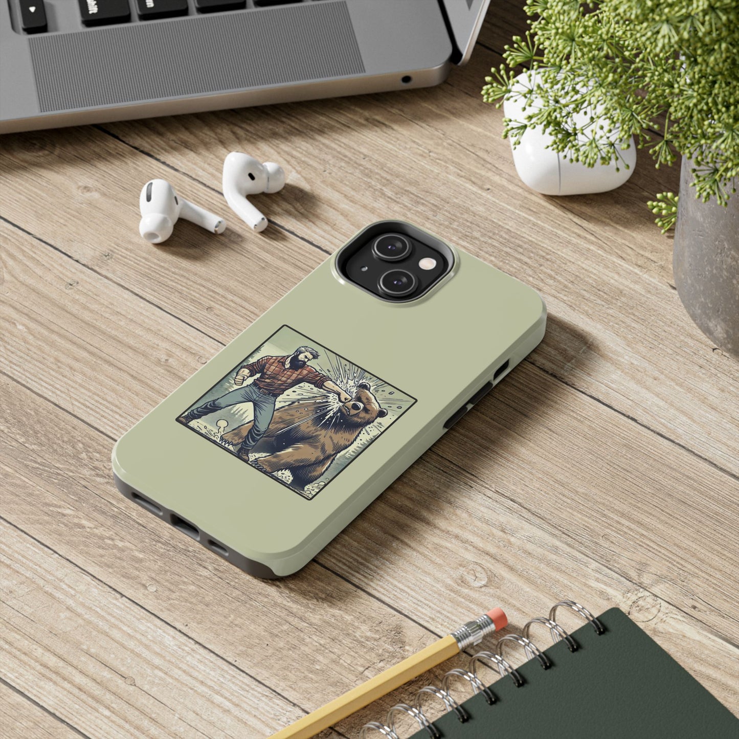 Funny Lumberjack Punching a Bear Phone Case, Wild Manly Gift, Meme Phone Cover, Absurd Graphic Art for Him, iPhone & Samsung Phone Case