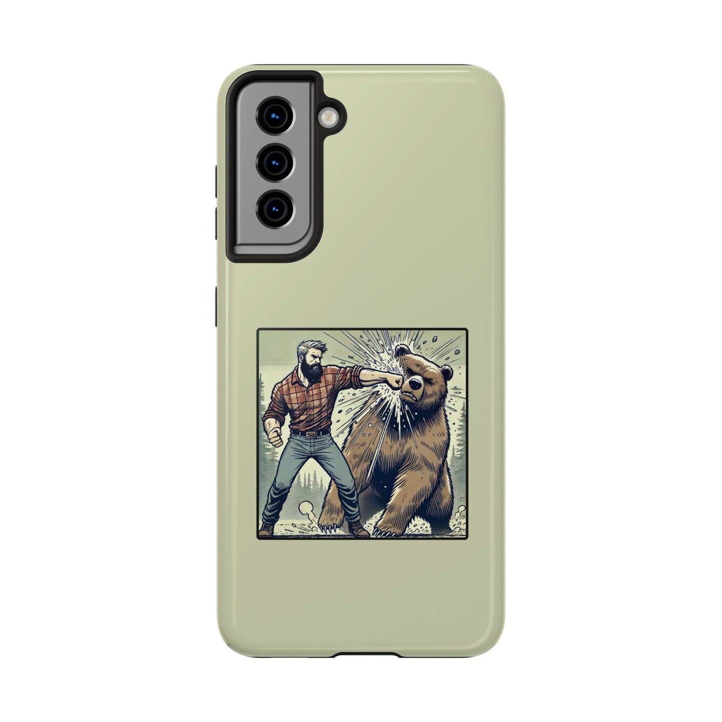Funny Lumberjack Punching a Bear Phone Case, Wild Manly Gift, Meme Phone Cover, Absurd Graphic Art for Him, iPhone & Samsung Phone Case