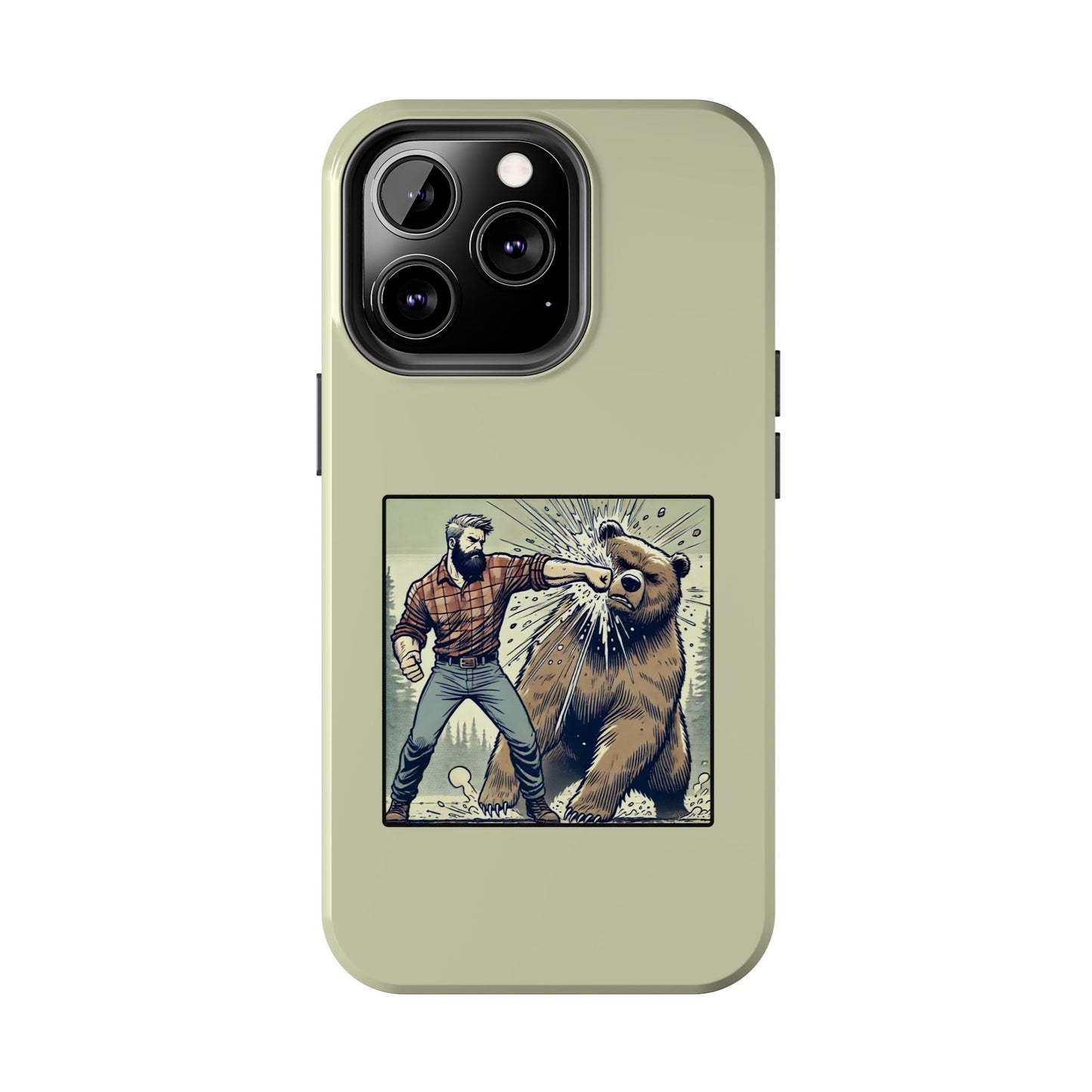 Funny Lumberjack Punching a Bear Phone Case, Wild Manly Gift, Meme Phone Cover, Absurd Graphic Art for Him, iPhone & Samsung Phone Case