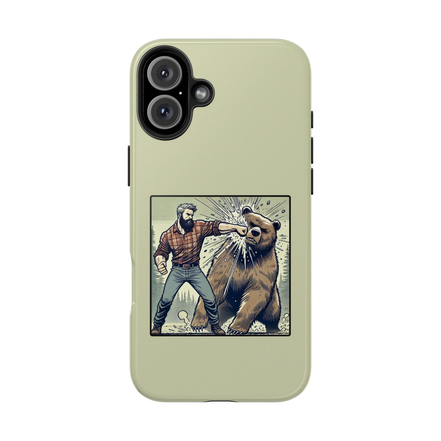 Funny Lumberjack Punching a Bear Phone Case, Wild Manly Gift, Meme Phone Cover, Absurd Graphic Art for Him, iPhone & Samsung Phone Case
