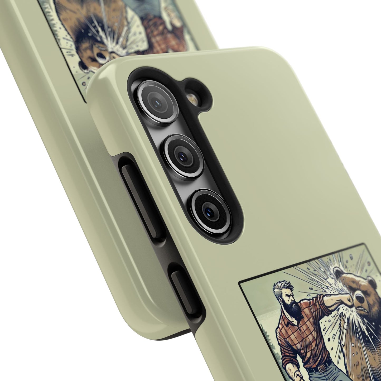 Funny Lumberjack Punching a Bear Phone Case, Wild Manly Gift, Meme Phone Cover, Absurd Graphic Art for Him, iPhone & Samsung Phone Case