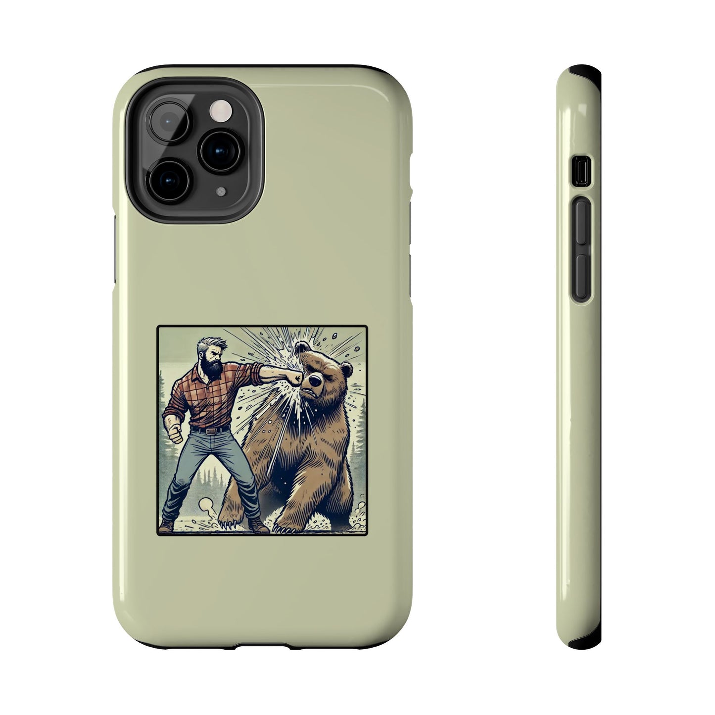 Funny Lumberjack Punching a Bear Phone Case, Wild Manly Gift, Meme Phone Cover, Absurd Graphic Art for Him, iPhone & Samsung Phone Case