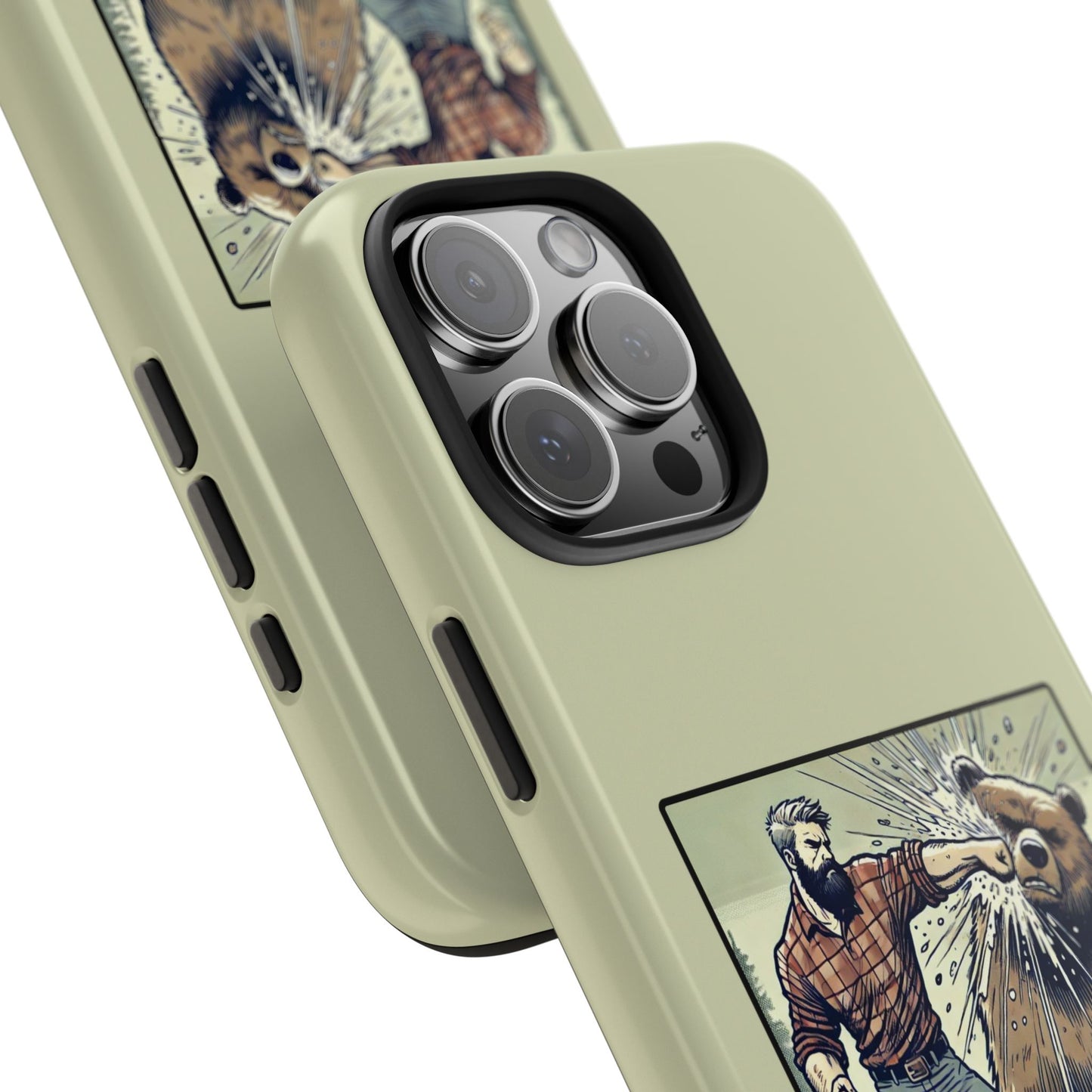 Funny Lumberjack Punching a Bear Phone Case, Wild Manly Gift, Meme Phone Cover, Absurd Graphic Art for Him, iPhone & Samsung Phone Case