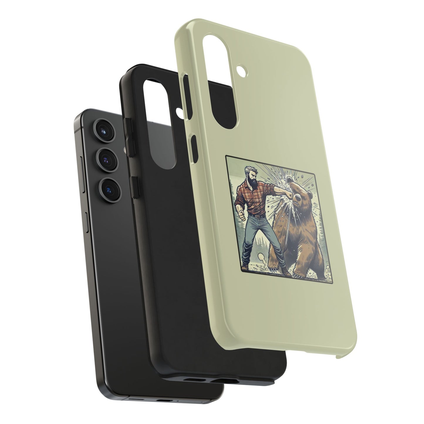 Funny Lumberjack Punching a Bear Phone Case, Wild Manly Gift, Meme Phone Cover, Absurd Graphic Art for Him, iPhone & Samsung Phone Case
