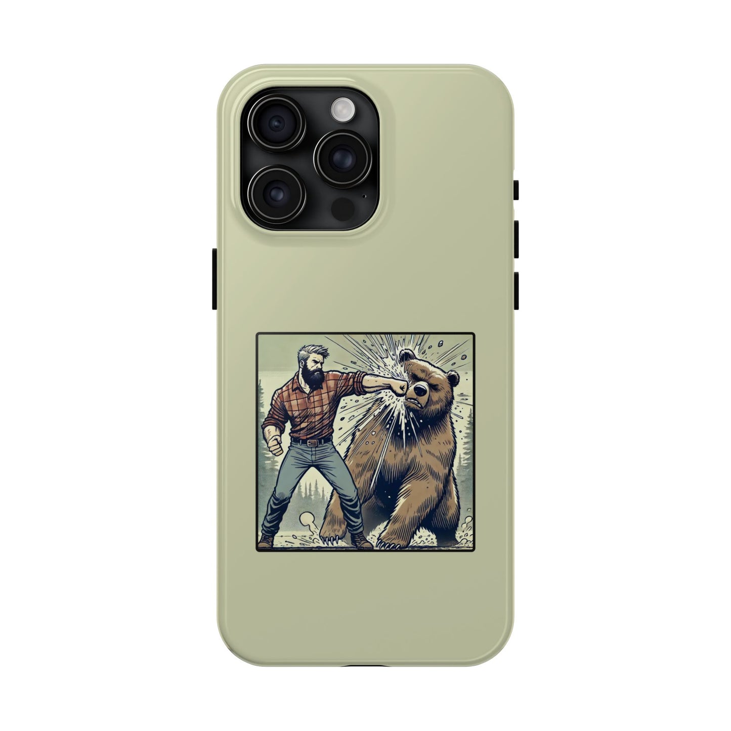 Funny Lumberjack Punching a Bear Phone Case, Wild Manly Gift, Meme Phone Cover, Absurd Graphic Art for Him, iPhone & Samsung Phone Case