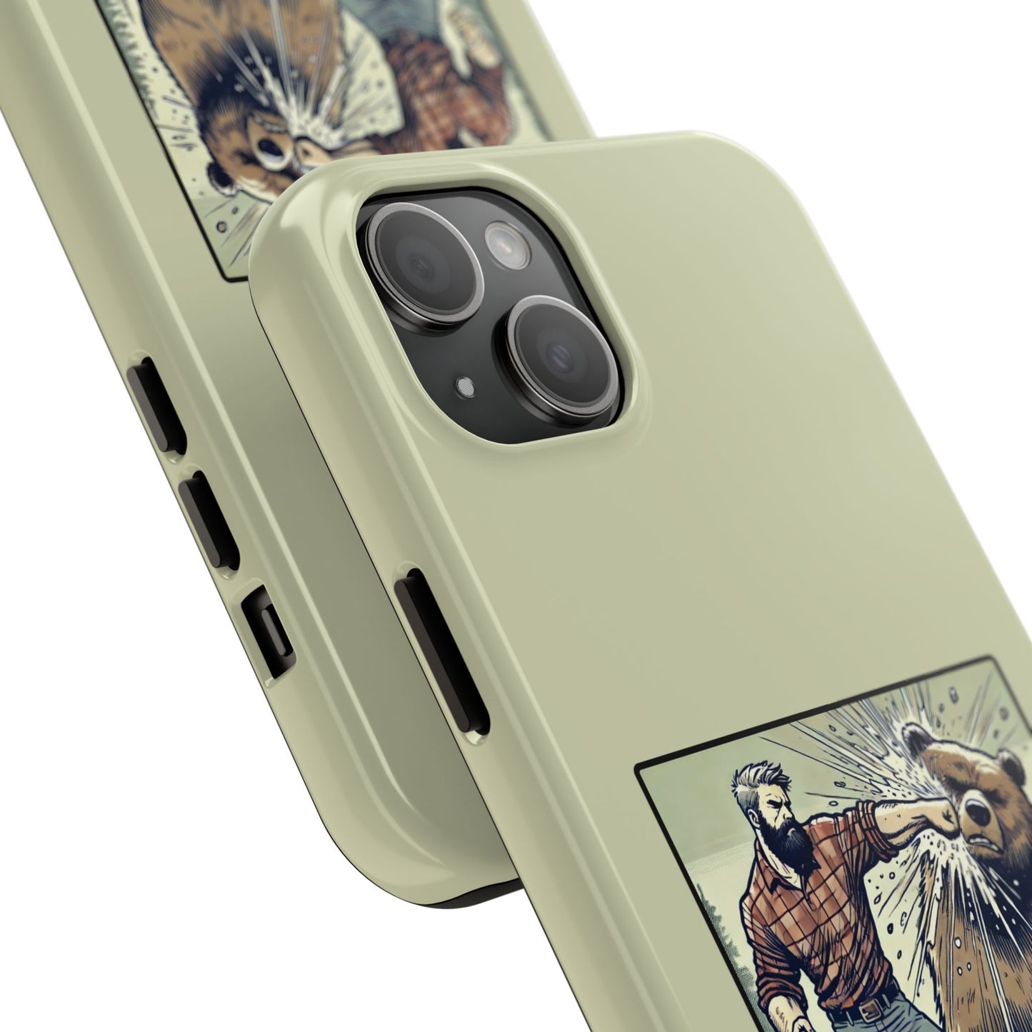 Funny Lumberjack Punching a Bear Phone Case, Wild Manly Gift, Meme Phone Cover, Absurd Graphic Art for Him, iPhone & Samsung Phone Case
